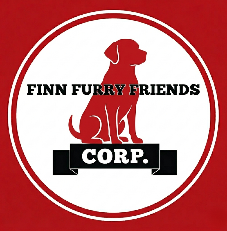 A circular logo with a red silhouette of a dog, text reading 