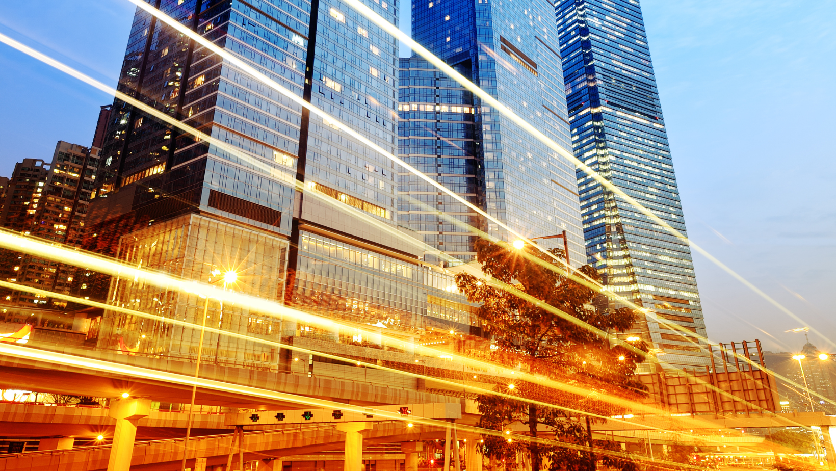 Palm trees against a blue and gold sky.