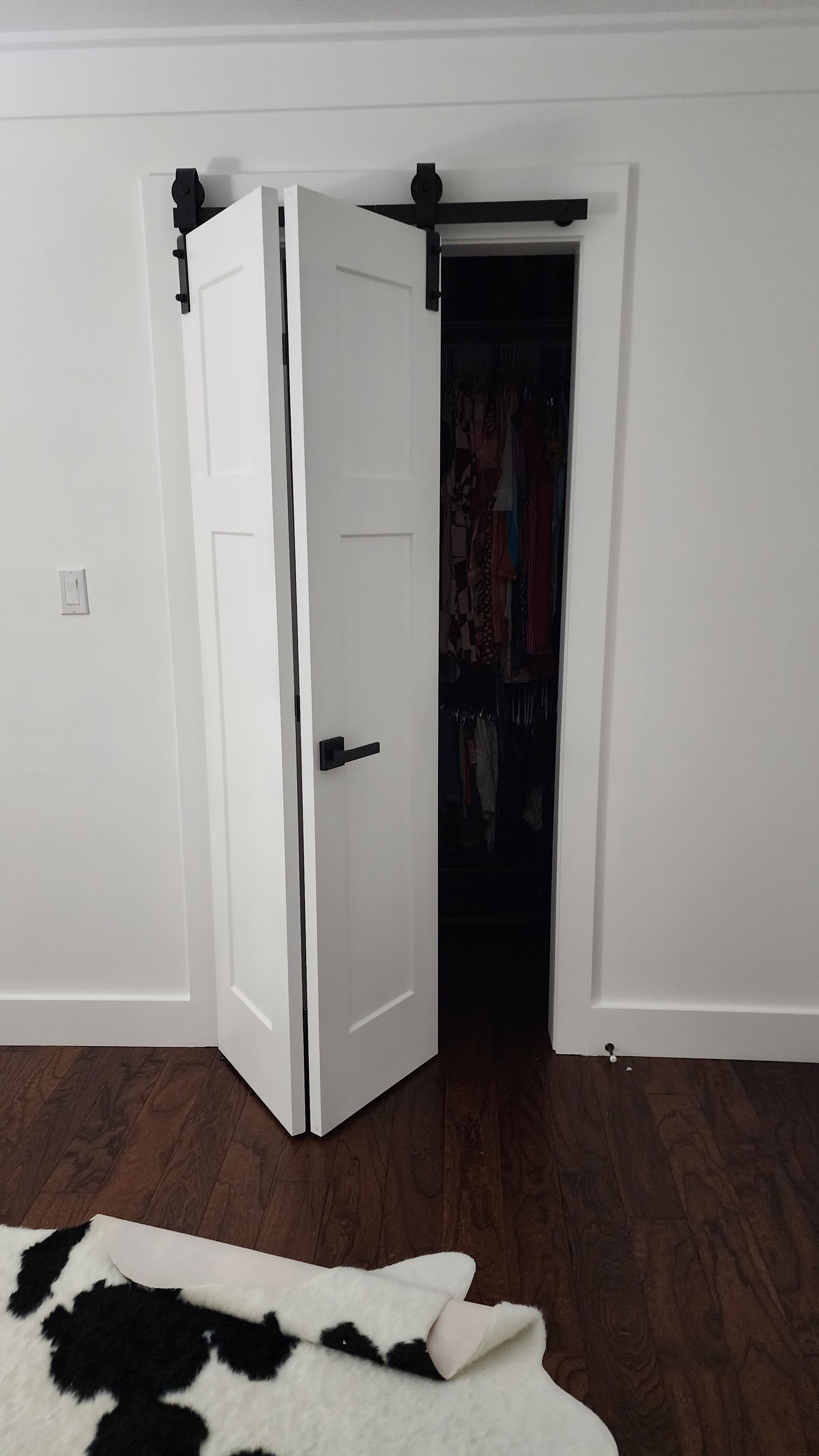 Partially open white door leading to a dark closet, with a black-and-white rug on hardwood floor in front.