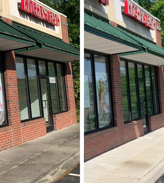 a before and after picture of a brick building with a green awning .