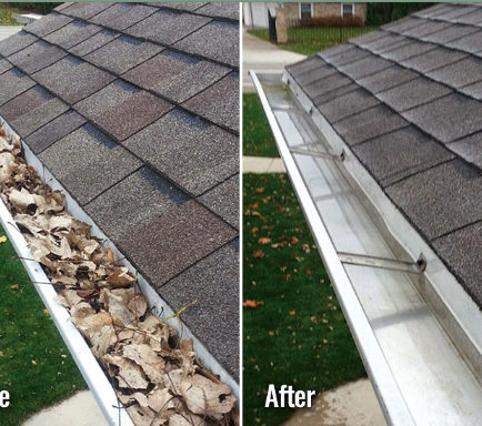 a before and after picture of a gutter with leaves on it