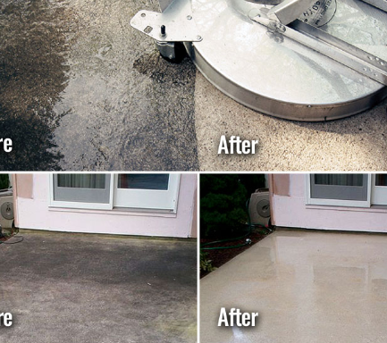 a before and after photo of a concrete driveway