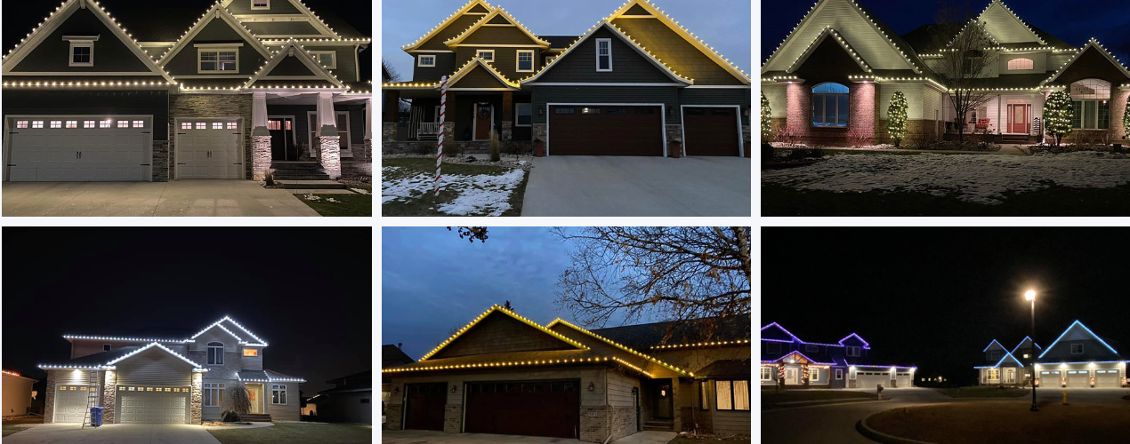 a collage of pictures of houses decorated with christmas lights