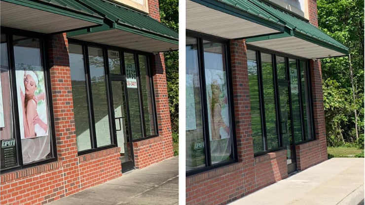 a before and after picture of a brick building with a green awning