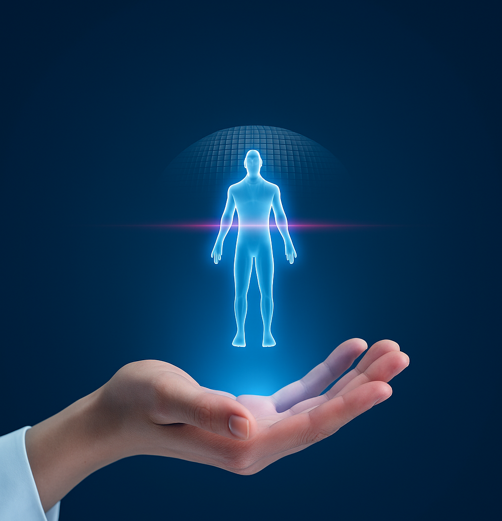 Hand holding a glowing blue hologram of a human figure, symbolizing advanced health technology and personal care.