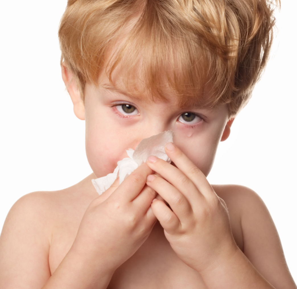 A young boy blowing his nose with a napkin