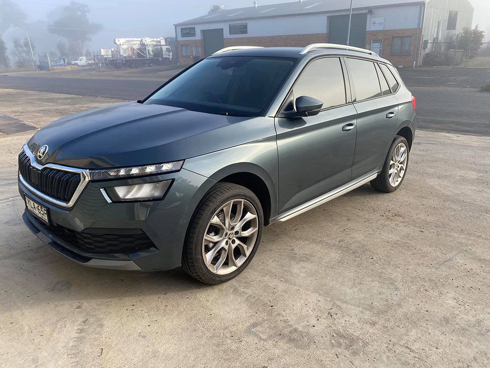 A Skoda Kamiq Is Parked in A Parking Lot With New Powder Coating Wheels — ASSB Armidale Sand & Soda Blasting In  Armidale, NSW