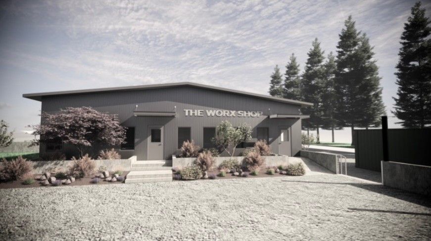 Architectural rendering of The Worx Shop building exterior featuring modern design with landscaping and signage