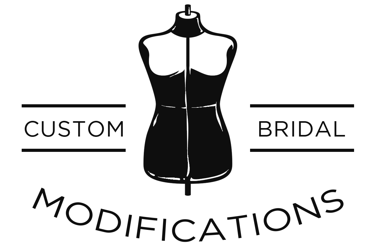A black and white logo for custom bridal modifications with a mannequin.