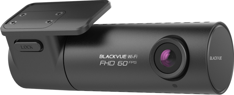A black dash cam with a purple lens on a white background.
