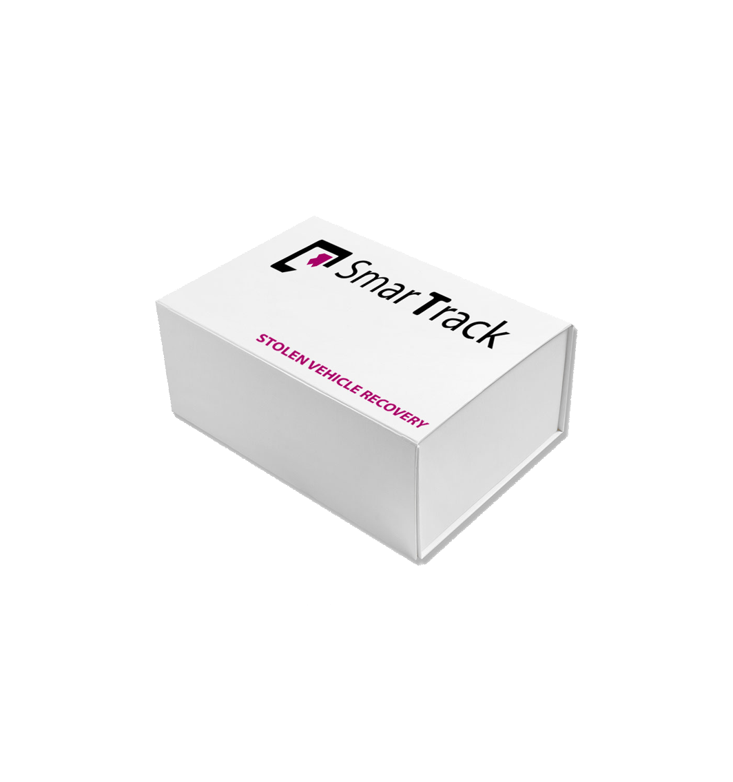 A white box with the word smart track on it