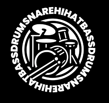 A black and white drawing of drumset that says snare hihat bassdrum