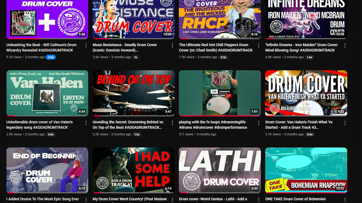 Grid of colorful YouTube-style video thumbnails with a prominent orange circular logo near the top center.