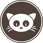 A white cat 's head is in a brown circle.