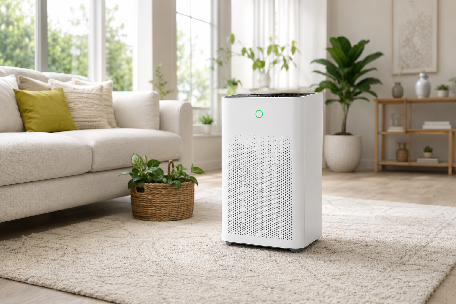 White air purifier in a bright living room beside a beige sofa and potted plant