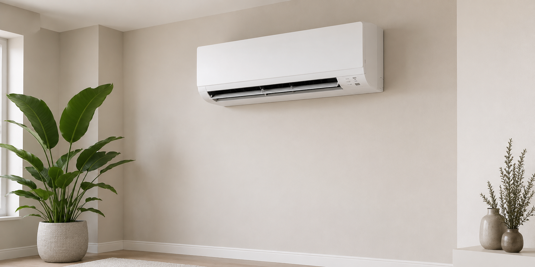 Minimal living room with a wall-mounted air conditioner and two potted plants