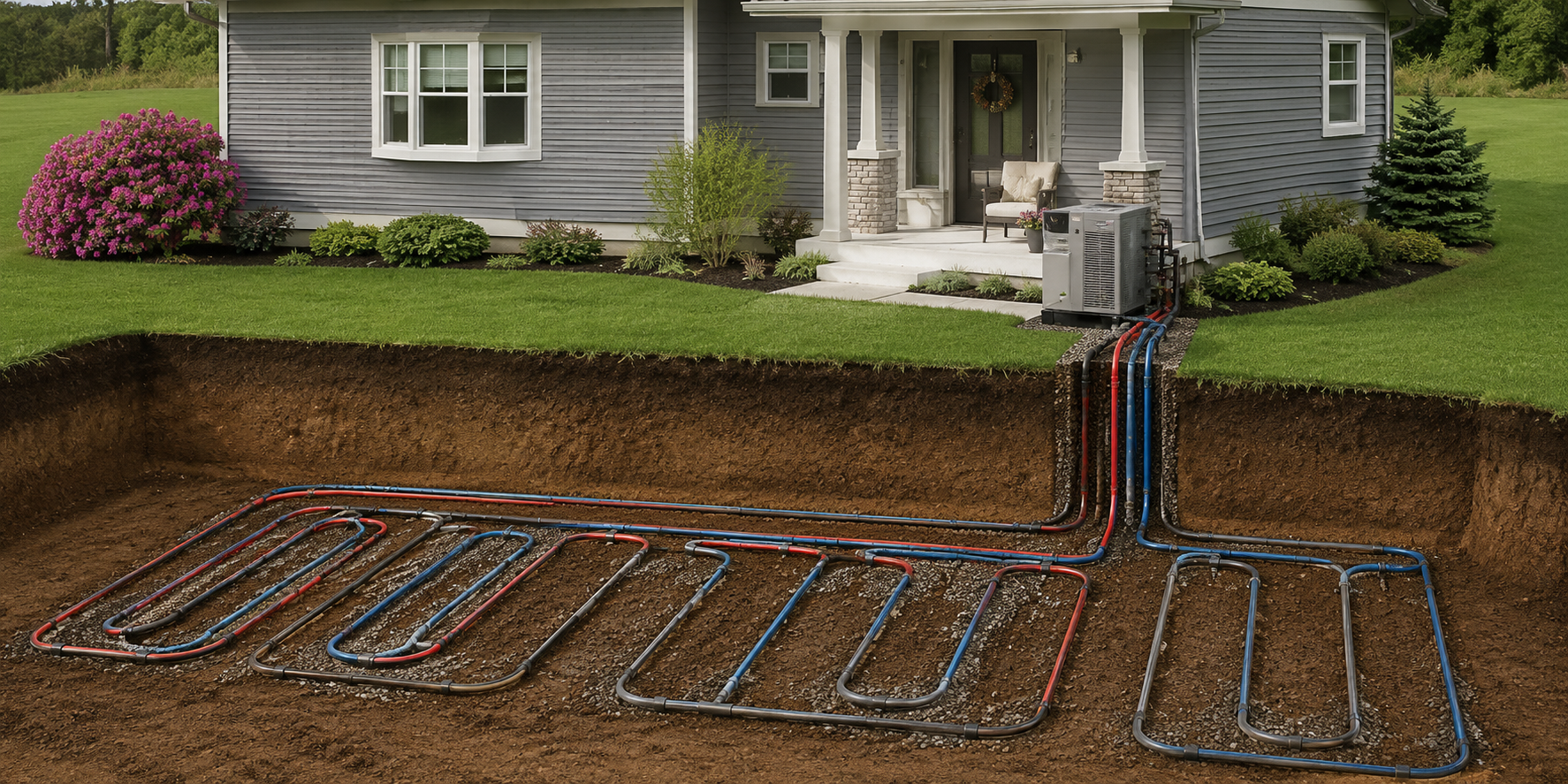 House with excavated yard showing underground pipes and a drainage system layout