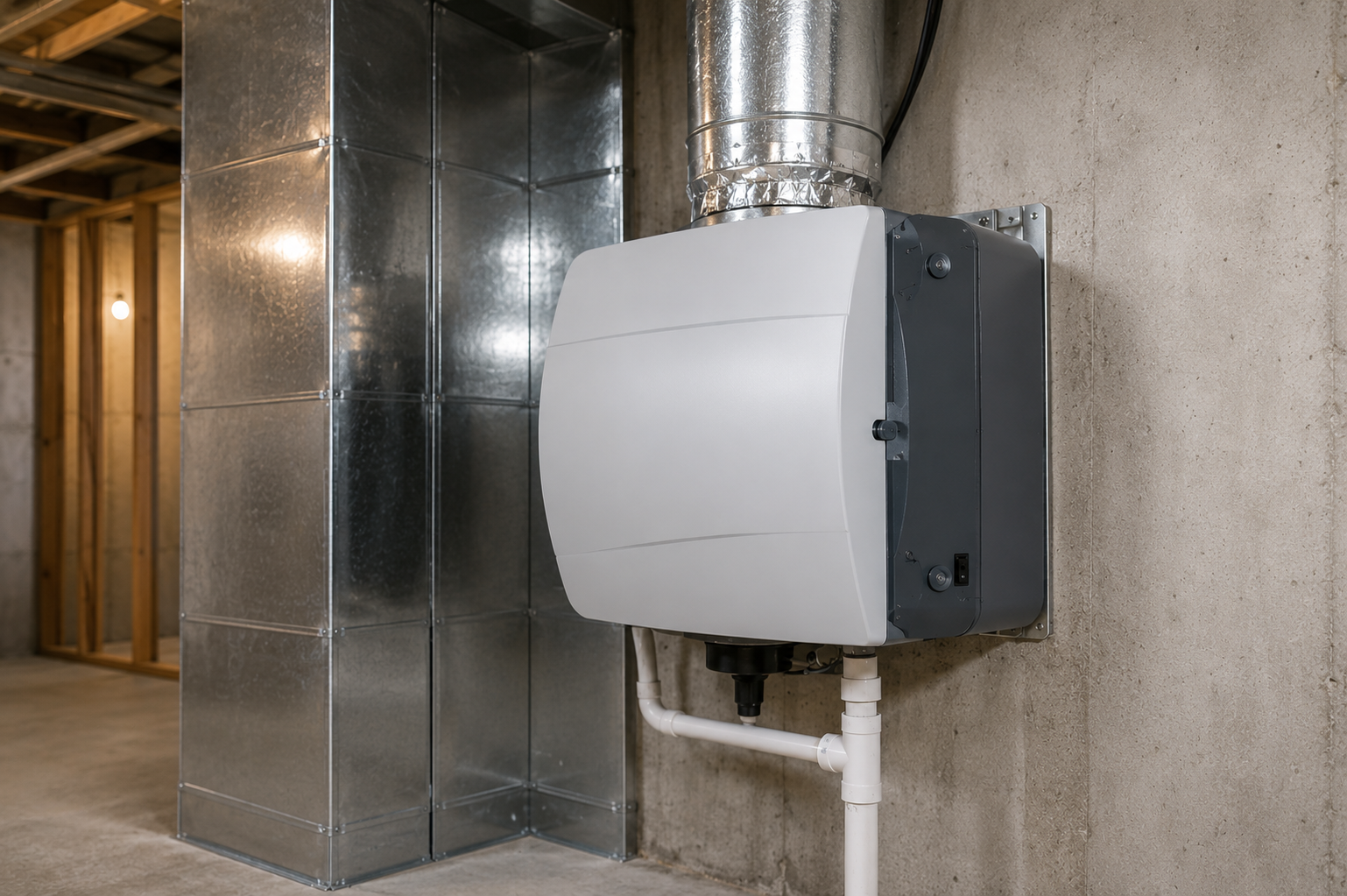 Wall-mounted HVAC unit with silver ductwork in an industrial basement setting