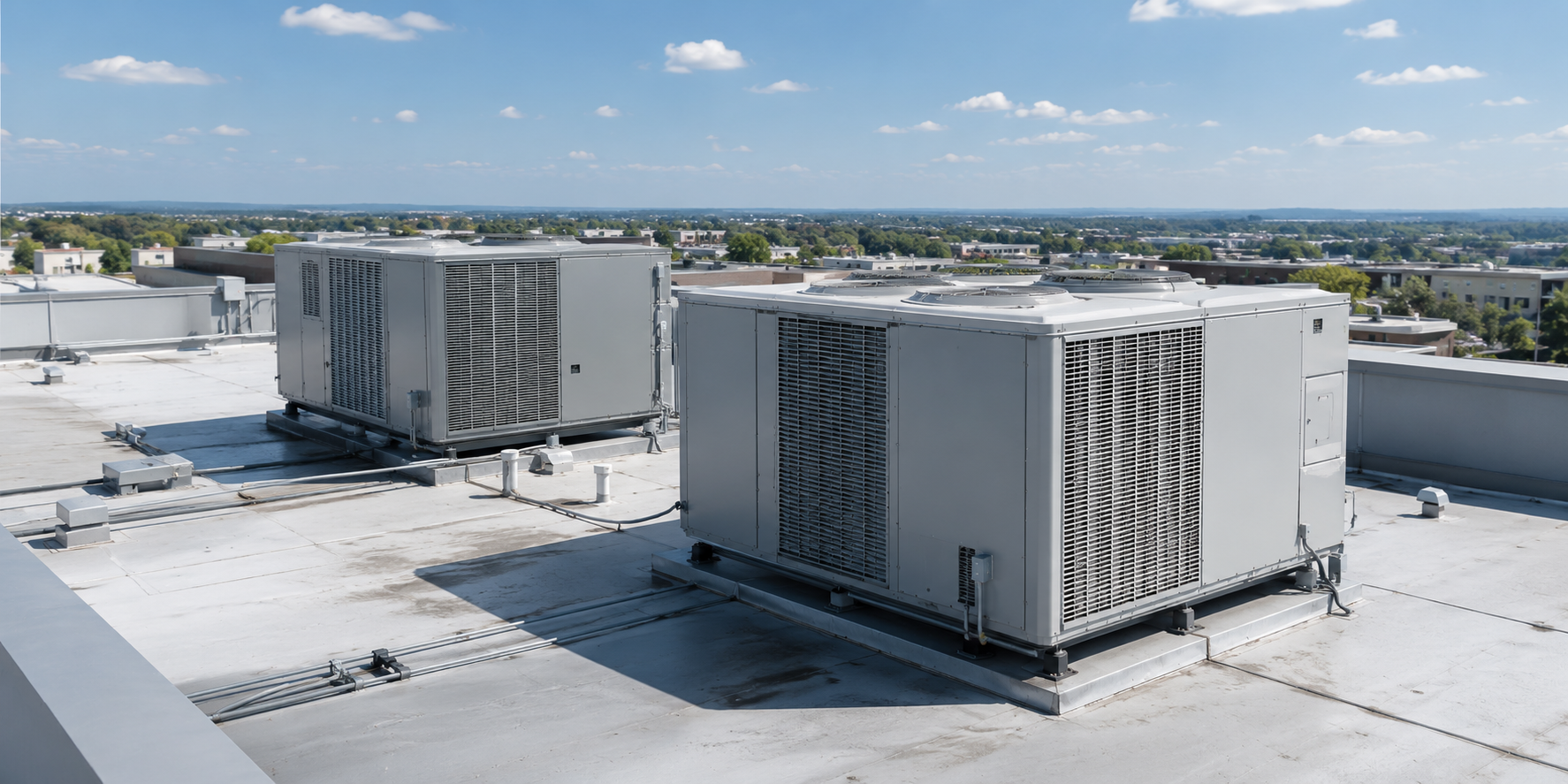 Snow-covered rooftop with large gray HVAC units under a clear blue sky