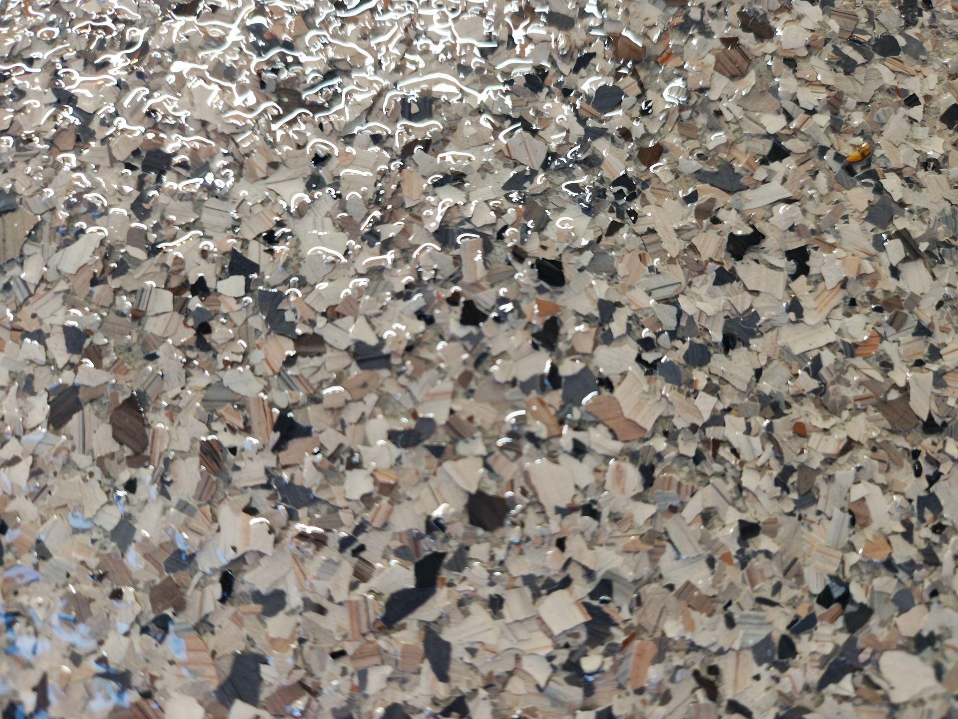 Close-up of a speckled, glossy floor. The floor has various shades of beige, gray, and black flecks.