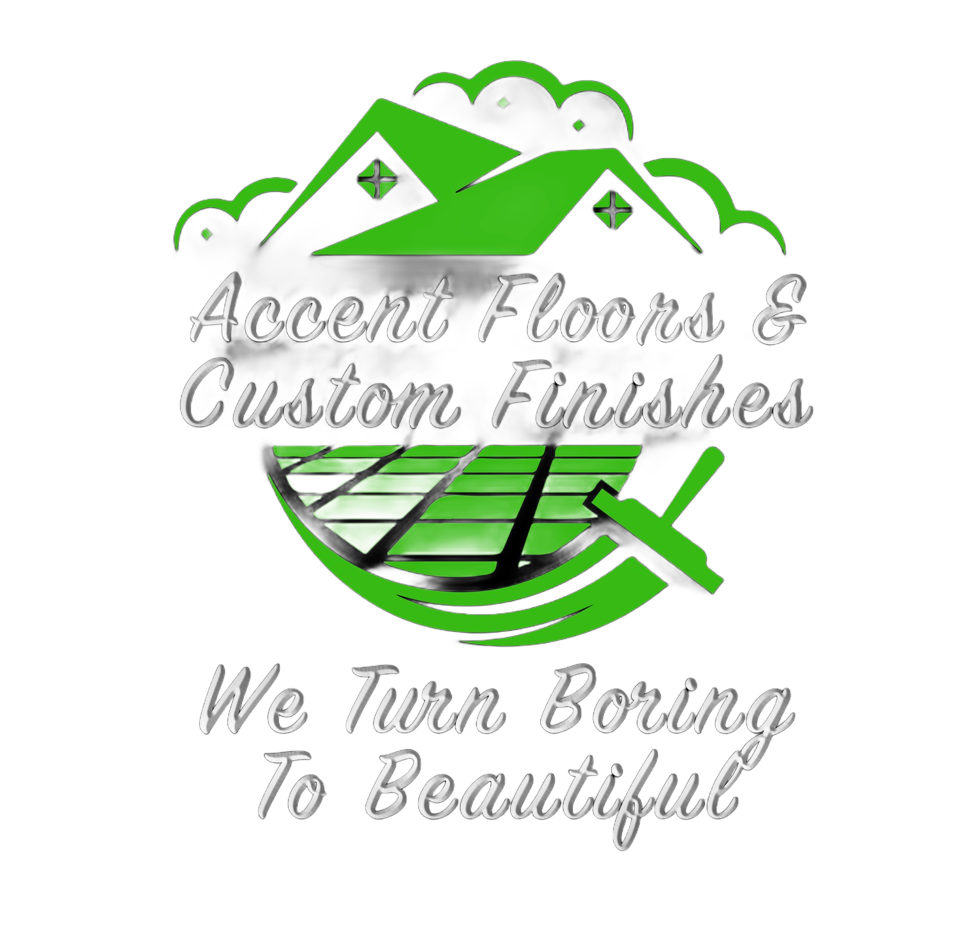 Logo for Accent Floors & Custom Finishes. Green roof and paint roller, with text 