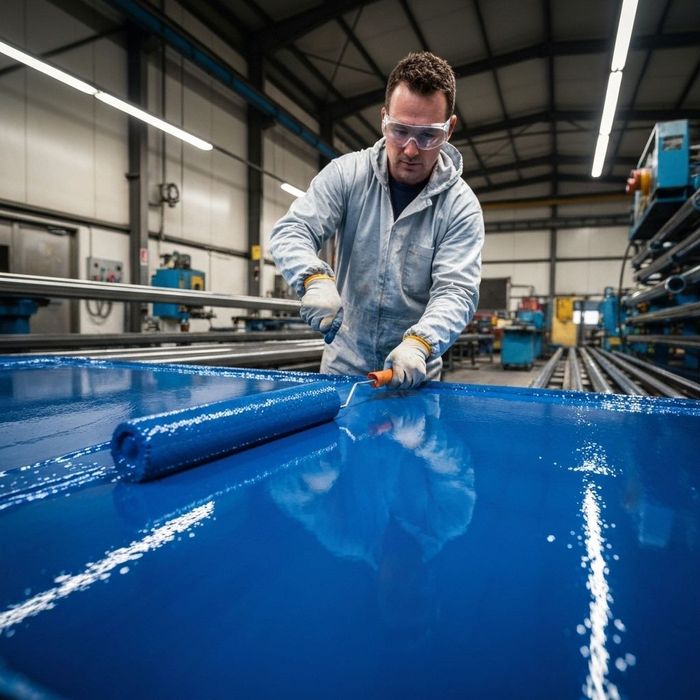 Man in protective gear rolling blue paint on a surface in a factory.