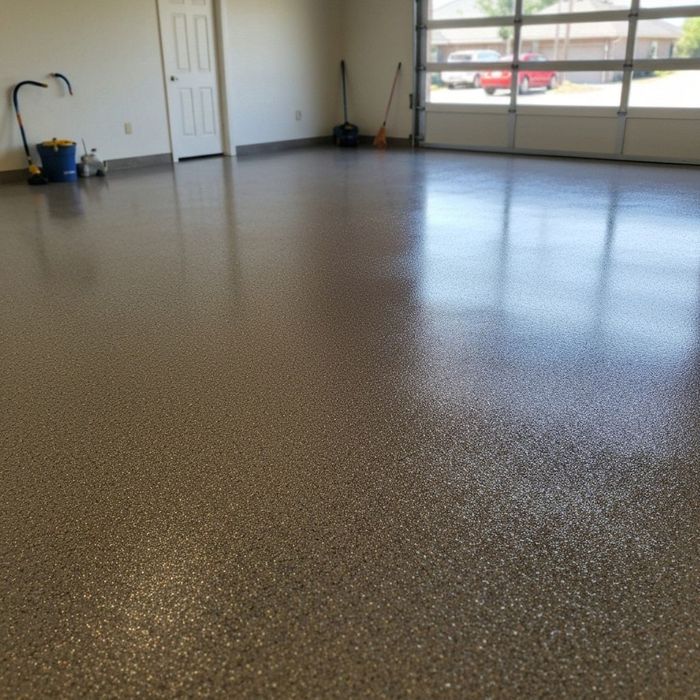 Shiny, speckled epoxy floor in a garage with a closed white door and glass garage door.