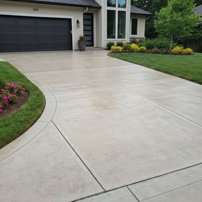 Driveway leads to a house with a black garage door and manicured lawn.