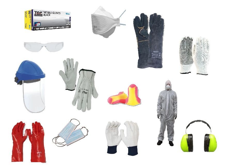 A variety of safety equipment including gloves , shoes , ear plugs and goggles