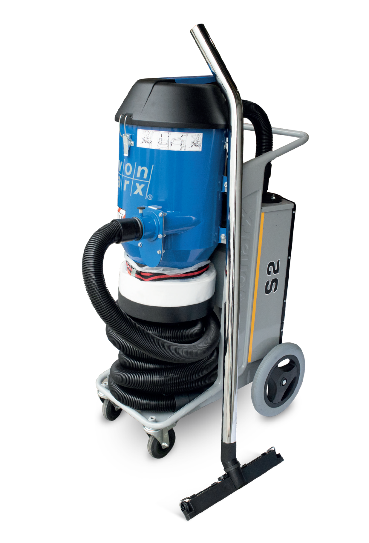 A red vacuum cleaner is sitting on a cart on a white background. A red vacuum cleaner is sitting on a cart on a white background.