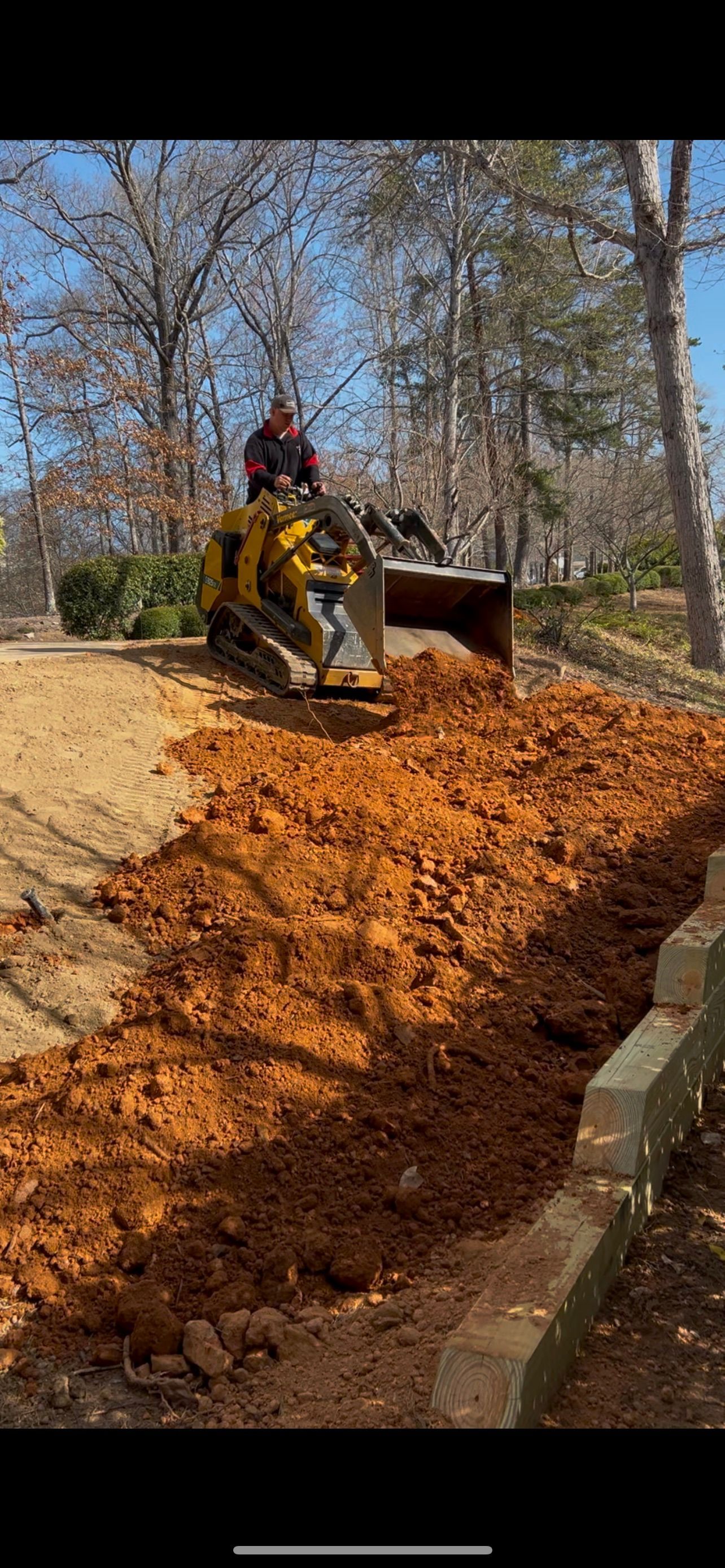 Excavator loading dirt into a dump truck on a hillside with pine trees under a cloudy sky.
