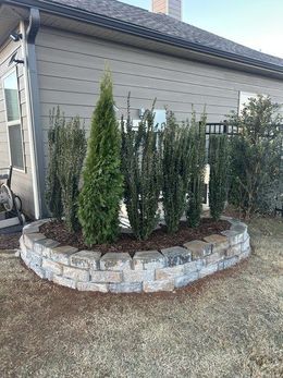 A raised garden bed with stone edging and green shrubs against a beige building.