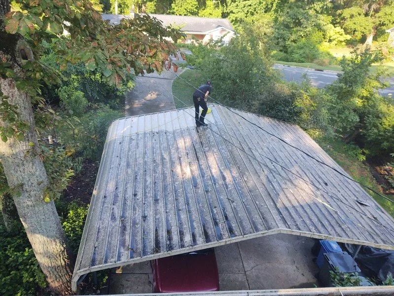 Person on a corrugated roof cleaning with a wand. Driveway and foliage in the background.
