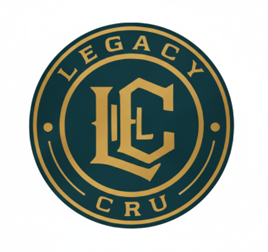 A logo for legacy cru collectors with a crown and cards