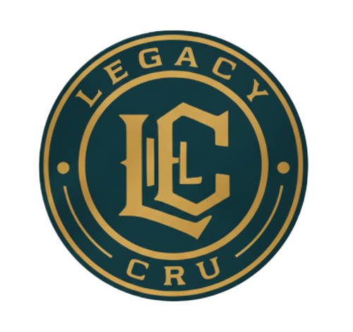 A blue and black logo for legacy cru