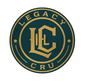 A blue and black logo for legacy cru
