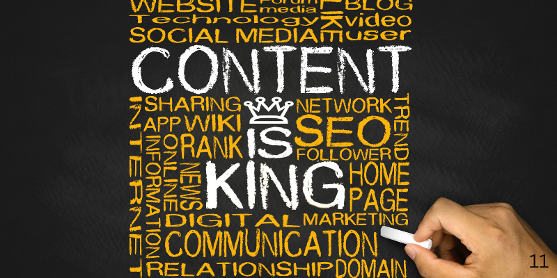 A person is writing the word content on a blackboard
