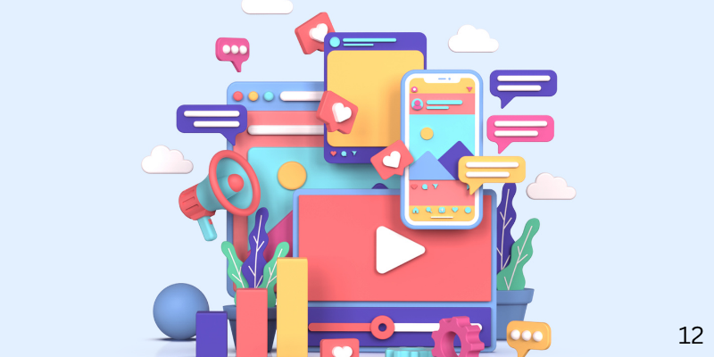 A colorful illustration of a video player surrounded by social media icons.