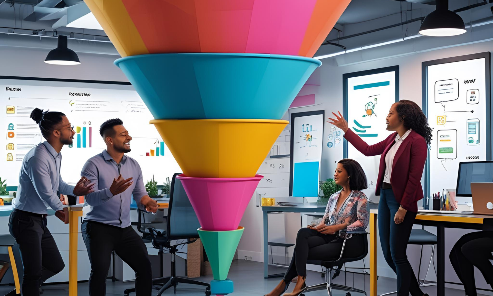 A group of people are sitting at desks in an office.
