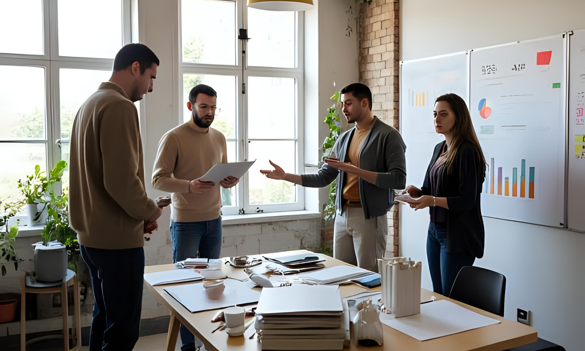 Concerned business team reviewing declining performance charts in conference room Image