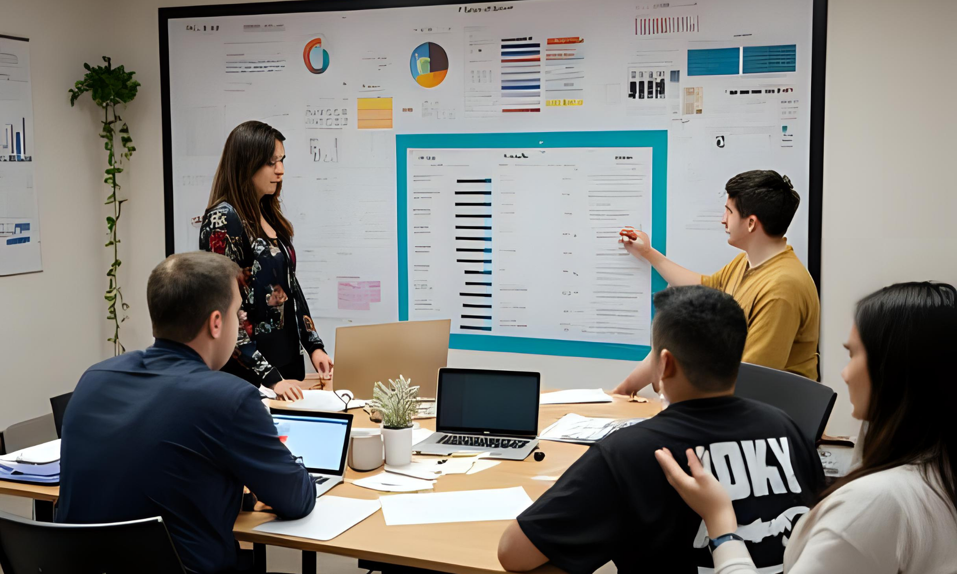 A group of people are sitting around a table in front of a whiteboard.