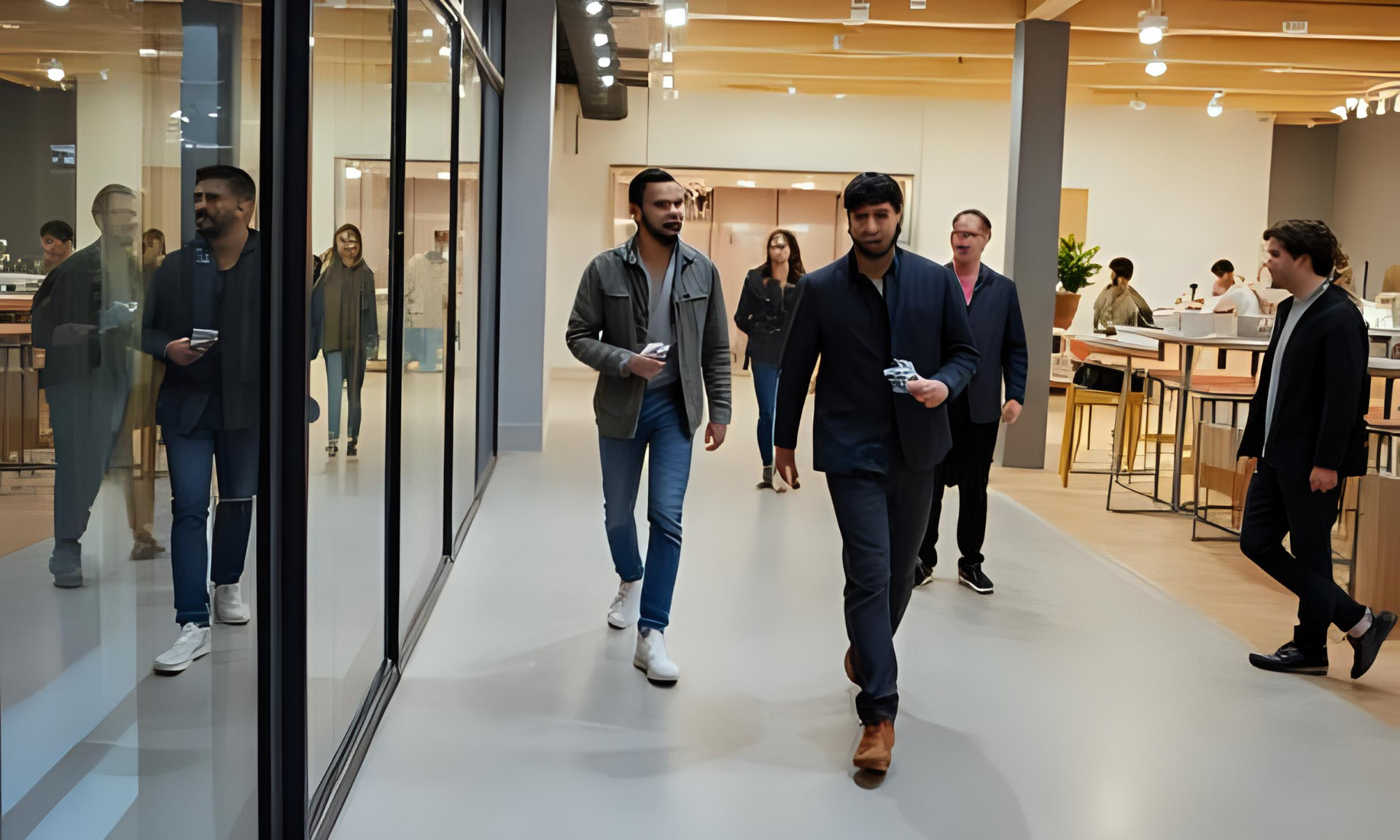 A group of people are walking down a hallway in a building.