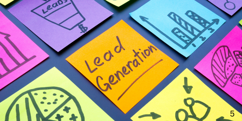 A bunch of sticky notes with drawings on them and one of them says lead generation.