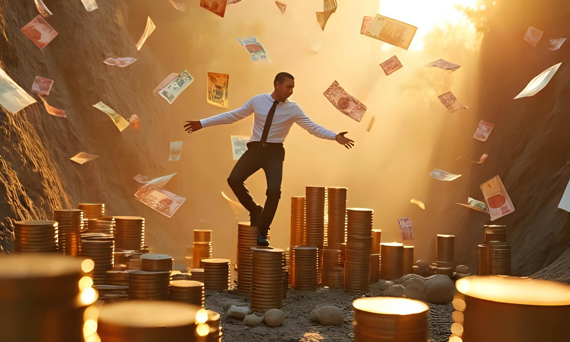 A man is standing on top of a pile of money.
