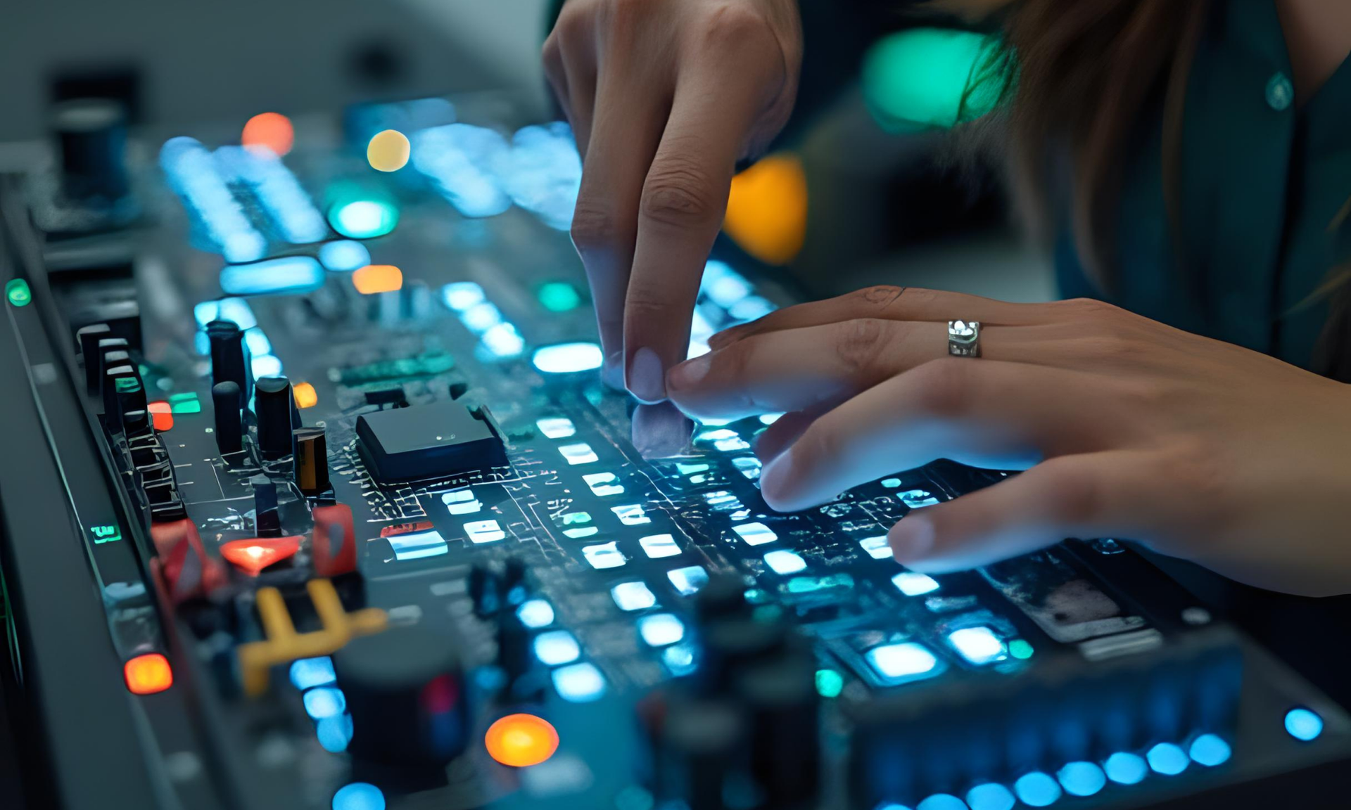 A woman is playing a keyboard on a mixer.