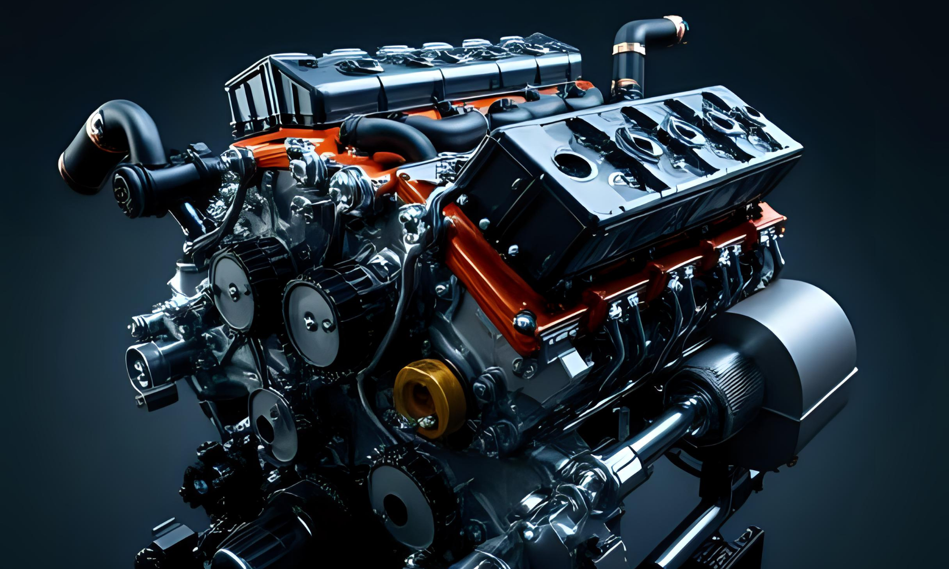 A close up of a car engine on a black background