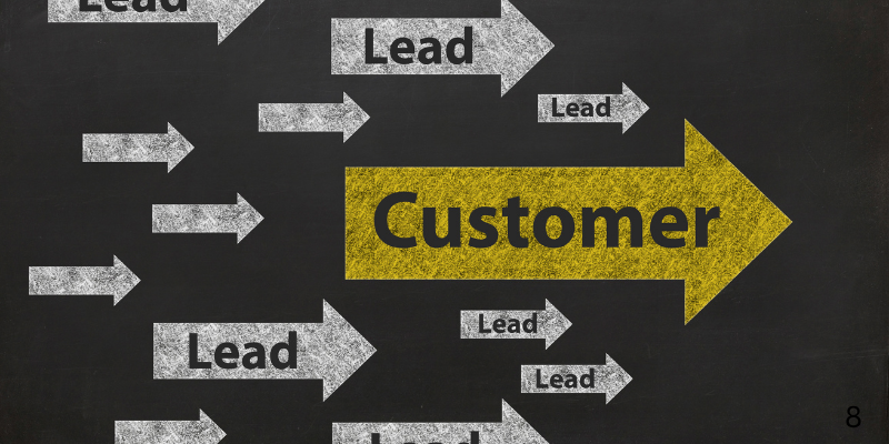 A chalkboard with arrows pointing towards a yellow arrow that says customer.