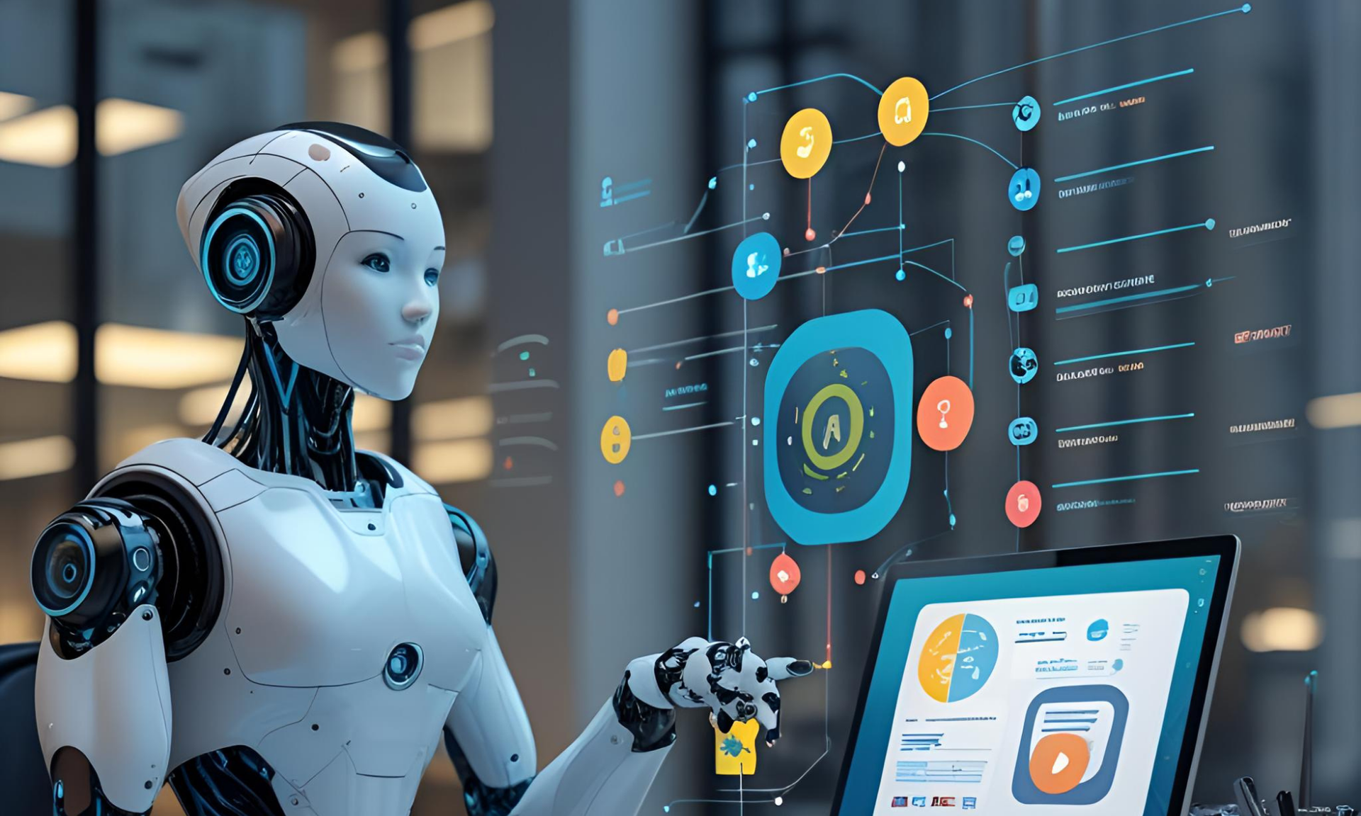 A robot is sitting in front of a laptop computer.