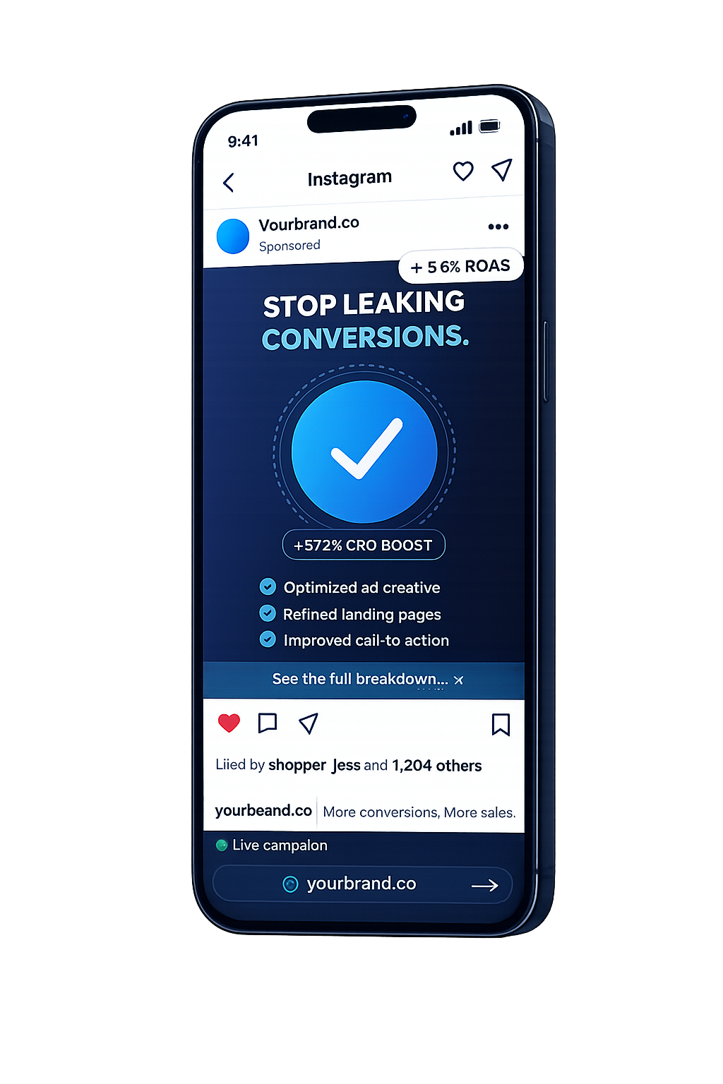 Phone displaying a Meta ad creative running as a sponsored Instagram post