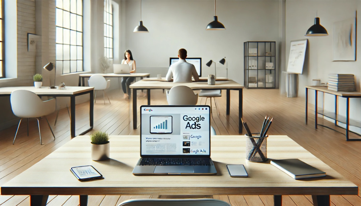 Modern office with three people working at desks. A laptop displaying Google Ads is in the foreground.